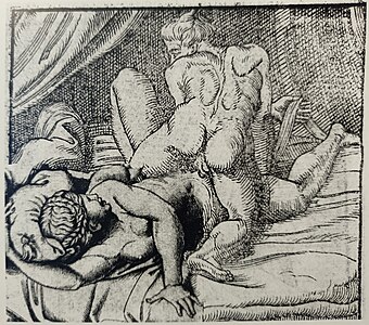 This image is made from two images. One is the image from the woodcut booklet. The second is the engraving thought to be by Agostino Veneziano.[11]
