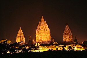 Three temples, lit up at night