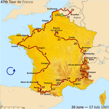 Route of the 1960 Tour de France followed counterlockwise, starting in Lille and finishing in Paris