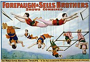 Circus poster, 1899. "Forepaugh & Sells Brothers Shows Combined. The world-famed Hanlon Troupe in the most astonishing mid-air achievements ever accomplished."