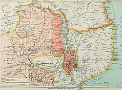 Map of southern Africa, 1897. The British Central Africa Protectorate is shaded dark pink.