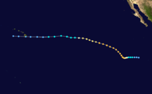 A track map of a hurricane over the Eastern and Central Pacific Ocean. It starts moving slowly westward before abruptly curving to the northwest; it then proceeds to very gradually curve back to the west in a manner that resembles an asymptotic graph.