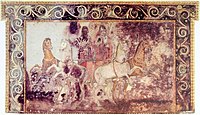A fresco showing Hades and Persephone riding in a chariot, from the tomb of Queen Eurydice I of Macedon at Vergina, Greece, 4th century BC
