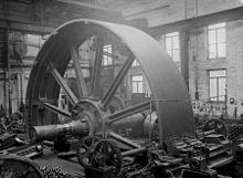 Flywheel for a large textile mill engine 1900, set up to machine grooves for the rope drives simultaneously. The saddle with two tool posts to the front. The wheel is rotated by two pinions driving via the cast-in barring gear teeth in the flywheel rim. Temporary wedges are securing the spokes to the hub of the wheel. A travelling crane behind and above.[72][112]