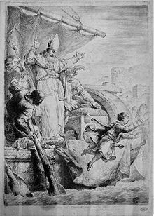 An engraving depicting a boy who jumps from a ship into a river; a bearded bishop raises his arms