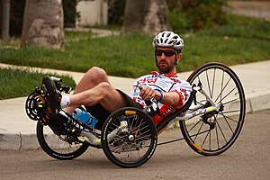 Photo of Kyle Bryant training on his recumbent bicycle