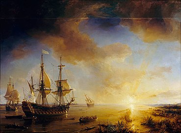 La Salles Expedition to Louisiana in 1684, The ship on the left is La Belle, in the middle is Le Joly, and L'Aimable, which has run aground, is to the far right. The ships are at the entrance to Matagorda Bay.