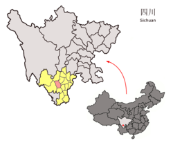 Location of Xichang City jurisdiction (red) within Liangshan Prefecture (yellow) and Sichuan