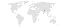Map indicating locations of Nepal and United Kingdom