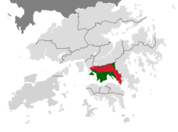 Approx. location of New Kowloon (in red), as defined in a 1937 legislation, compared to the Kowloon geographical constituencies of the Legislative Council (in green); note that the newer 13/31 runway of the former Kai Tak Airport reclaimed land (also coloured in green), now considered part of New Kowloon, e.g. in lot numbers, did not exist until the 1950s.