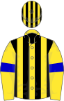 Yellow, black stripes on body and cap, blue armlets