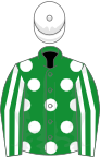 Green, white spots, striped sleeves, white cap
