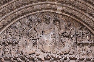 The tympanum of the Saint-Pierre, Moissac, is a highly sophisticated, tightly packed design, like a manuscript illumination. Christ is surrounded by the symbols of the Four Evangelists