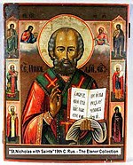 Russian icon of Saint Nicholas flanked by personal saints.
