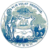 A blue seal that contains a Native American, a beaver, a ship, an eagle, five stars along the bottom, and the Latin phrase Alis Volat Propriis across the top.