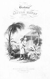 Indian man is holding a white boy in his arms and pointing to something. They are standing in front of palm trees and a hut.