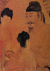 Kaiser Taizong (auf dem Thron); zeitgenössisches Porträt von Yan Liben, Ausschnitt aus dem Gemälde Kaiser Taizong empfängt die Gesandtschaft aus Tibet von 641