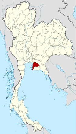 Map of Thailand, with a small highlighted area near the centre of the country, near the coast of the Gulf of Thailand