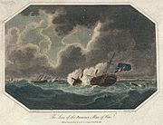 HMS Romney aground off the island Texel in 1804. In Richard Corbould's print, Romney's blue ensign at the stern is shown inverted, as a sign of distress