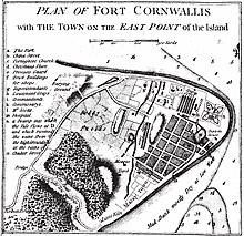 A map depicting the settlement of George Town. Fort Cornwallis at the tip of the cape is prominently shown amidst a grid of streets, surrounded by plantations and a cemetery.