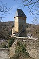 Pentagonal bergfried of Frauenstein near Wiesbaden, Germany. The roof and staircase to the elevated entrance have been reconstructed