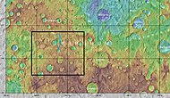Map showing area covered in the above photos with a black rectangle. Blue arrow indicates the spot eventually imaged by HiRISE. The relative positions of Columbus Crater, Williams Crater, Ejriksson Crater, Dejnev Crater, and Bernard Crater are shown.