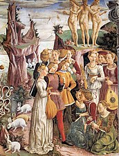 Allegory of April. Francesco del Cossa. Fresco in the Palazzo Schifanoia, Ferrara. Around 1470