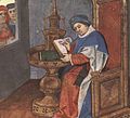 Miniature from a manuscript of the Roman de la Rose (Oxford, Bodleian Library, MS. Douce 195), folio 1r, portrait of Guillaume de Lorris.