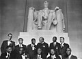 Image 23Leaders of the march in front of the statue of Abraham Lincoln: (sitting L-R) Whitney Young, Cleveland Robinson, A. Philip Randolph, Martin Luther King Jr., and Roy Wilkins; (standing L-R) Mathew Ahmann, Joachim Prinz, John Lewis, Eugene Carson Blake, Floyd McKissick, and Walter Reuther (from March on Washington for Jobs and Freedom)
