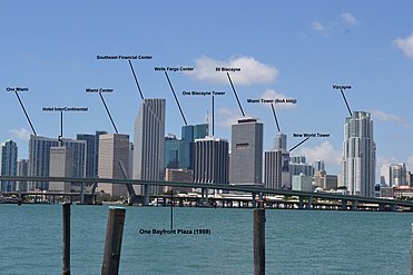 View of downtown over Biscayne Bay with larger buildings marked.