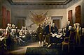Image 8 Trumbull's Declaration of Independence Painting credit: John Trumbull John Trumbull's Declaration of Independence, a 12 by 18 feet (3.7 by 5.5 m) oil painting depicting the presentation of a draft of the United States Declaration of Independence to the Second Continental Congress. While this event did take place, it was not actually in the presence of all the people in the picture. The painting can be found in the rotunda of the United States Capitol. More selected pictures