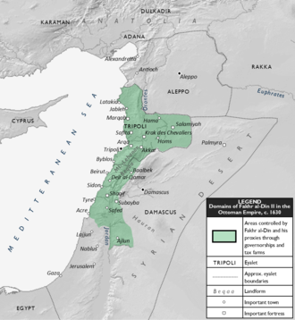 A grayscale map of the Levant (Near East) region, showing Ottoman eyalets (provinces) with the domains of an autonomous local ruler shaded in green