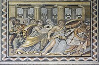 A mosaic from the Roman era Poseidon Villa in Zeugma, Commagene (now in the Zeugma Mosaic Museum) depicting Achilles on Skyros disguised as a woman and Odysseus tricking him into revealing himself