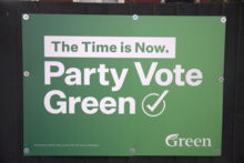 Green Party campaign sign in Christchurch for the 2023 New Zealand general election – The Time is Now Party Vote Green -. Authorised by Miriam Ross – Level 5 – 108 The Terrace – Wellington. Green. Photo taken 13 August 2023.