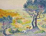 Henri-Edmond Cross, 1907–08, La Pleine de Bormes, oil on canvas, 73.1 x 91.8 cm. Exposició d'Art francès d'Avantguarda, Galeries Dalmau, Barcelona, 1920
