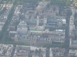 Aerial view from the south. Imperial College Road runs left–right in front of the Queen's Tower in the centre of the view