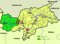 Vinschgau district (highlighted in green) within South Tyrol; the yellow-black stripes mark the geographical extent of the valley