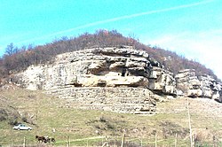 View of the cave monastery near the village of Krepcha, Opaka Municipality in Bulgaria. Here is the oldest Cyrillic inscription dated of 921.[10]