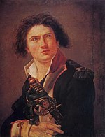 Painting of a clean-shaven young man with a thick mop of dark hair. He wears a simple dark blue military uniform and holds a sword.