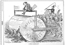 A drawing of a steamroller running over a group of men while a larger group of men are pushing it. Macdonald is sitting on top of the machine. The steamroller has the phrase, "Government Majority" printed on the side