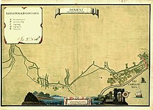 A hand-drawn map of a city on the coast. In the sea off the city's shoreline is a ship. At the bottom of the map is a painted view of the city.