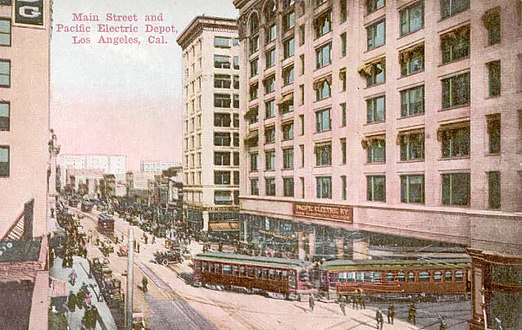 View north on Main from south of 6th, c. 1910, Pacific Electric Building at right.