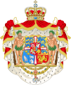 Wappen von König Christian X. von Island 1918 bis 1944 und Dänemark 1903 bis 1947. Island wird durch den silbernen Falken in der Ecke unten links dargestellt. Der Falke wurde 1948 vom dänischen Wappen entfernt.