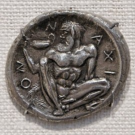 Silenus holding a kantharos on a tetradrachm from Naxos, Sicily, 461–450 BC
