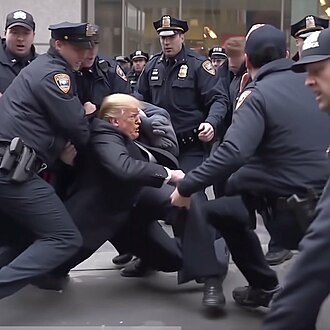 Journalist Eliot Higgins' Midjourney-generated image depicts former President Donald Trump getting arrested. The image was posted on Twitter and went viral.[96]