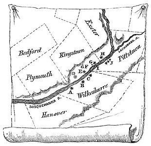 Wyoming Valley Forts: A-Fort Durkee, B-Fort Wyoming or Wilkesbarre, C-Fort Ogden, D-Kingston Village, E-Forty Fort, G-Battleground, H-Fort Jenkins, I-Monocasy Island, J-Pittstown stockades, G-Queen Esther's Rock[44]
