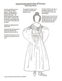 Image Text: Typical Fashion Details of the 19th Century 1830's Day Dress Very full Leg-O-Mutton sleeves are the hallmark of 1830's dresses. The large sleeves extend out from the dropped shoulder of the dress. The fullness reaches its peak during the mid-1830s. By the late 30's the fullness is being pleated down on the upper arm and puffs out at the elbow. Waistlines are slightly above the natural waist. The skirt is fuller than the previous decade and slightly shorter, allowing the ankles to peek out. Very fine (1/8 inch) piping is found in almost every bodice and sleeve seam. The neckline is still wide on the shoulders but is rising higher towards the neck. The open neckline is often filled in with tuckers (chemisette). The hair is frequently covered with a ruffled daycap. Pockets are worn around the waist under the skirts and are accessed through slits in the skirt. Pockets are often made up of scraps of fabric patchworked together. Drawn and Compiled by Ericka Mason, copyrighted.