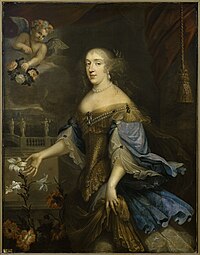 A portly blond-haired lady in a Baroque décolleté embraces an Easter lily.