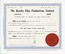 Aktie über 25 Anteile der Beatles Film Production Limited zu je 1 £, ausgegeben am 2. März 1964, eingetragen auf Ringo Starr. Die am 25. Februar 1964 mit Brian Epstein als Geschäftsführer gegründete Gesellschaft wurde am 12. Januar 1968 umbenannt in Apple Film Production Limited.
