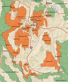 A map of Beaverhead–Deerlodge National Forest with ranger districts and surrounding forests labelled